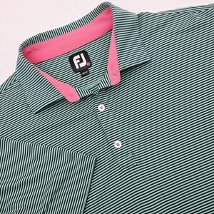 FJ Footjoy Golf Polo Shirt Men's XL Green Navy Blue Striped‎ Short Sleeve Pink